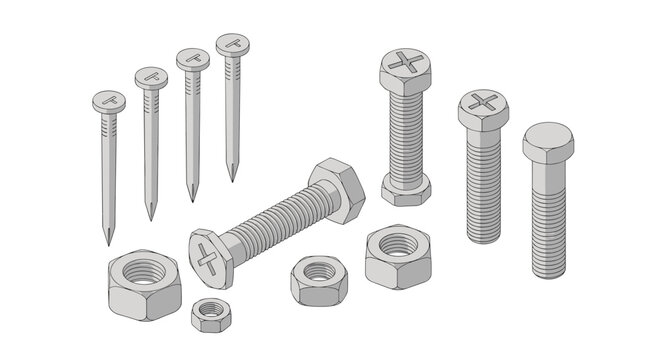 Assorted metallic hardware including various sizes of steel nails, bolts, screws, and nuts for construction and repair work.
