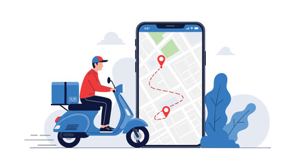 Food delivery concept showing a courier on a blue scooter next to a giant smartphone displaying a route on a map.
