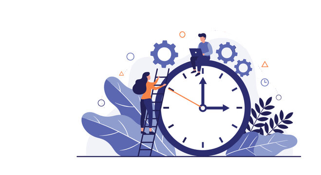 Collaborative time management concept showing people working together with gears and a large clock to meet deadlines efficiently.