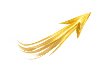 Golden arrow flying fast, indicating upward direction, growth, progress, success, and dynamic movement on transparent background