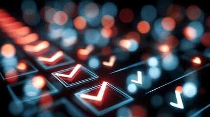 Glowing digital check marks in boxes. Red and blue bokeh background suggests future tasks