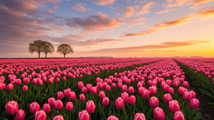 Vibrant tulip field at sunset with pink blooms and trees