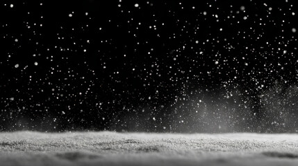 Snow texture overlay with very small, blurred white particles falling against an isolated dark black background horizontally. Stock Illustration white background