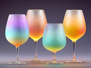 Elegant wine glasses reflecting rainbow hues, liquid-filled vessels gleaming with colorful light, creating a dreamy and surreal atmosphere and visual fluorescent effect