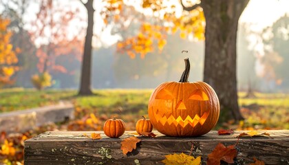 Carved Halloween Pumpkin with Autumn Foliage in Park.