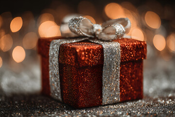 Elegant red gift box with a sparkling ribbon, set against a backdrop of festive bokeh lights, creating a magical christmas atmosphere