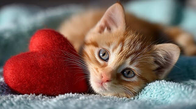 Adorable ginger kitten resting next to a vibrant red heart on soft blue blanket, close up - Powered by Adobe