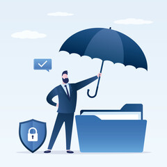 Data backup, antivirus. Firewall, manager holding umbrella and cover giant file folder.