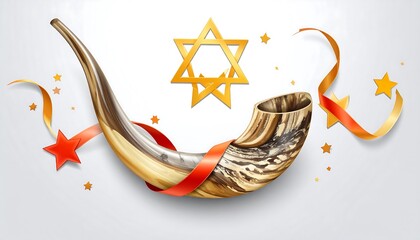 Shofar and Star of David with Festive Ribbons and Stars.