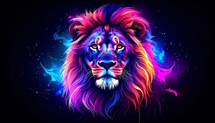 Vibrant Neon Lion Portrait with Abstract Colorful Smoke.