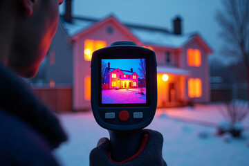 Thermal Imaging Camera Captures Heat Loss Outside a House