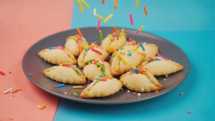 A plate of hamantaschen cookies topped with colorful sprinkles. The cookies are triangular and golden brown, symbolizing the Jewish holiday of Purim.