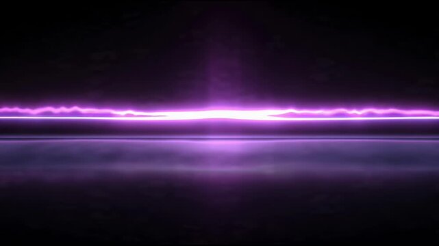 A radiant purple beam of light sweeps across a stark black horizon, illuminating a futuristic view from the center.