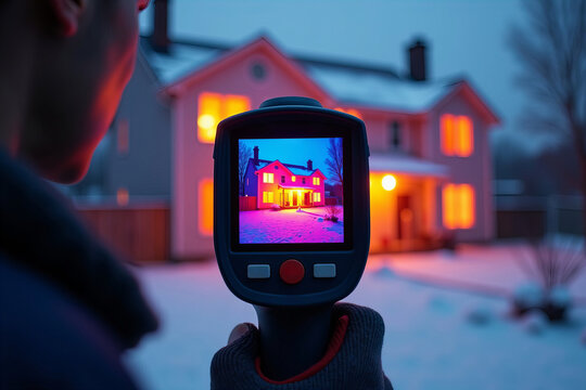 Thermal Imaging Camera Captures Heat Loss Outside a House