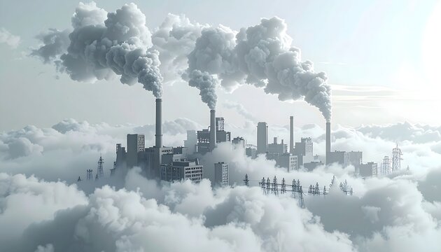 Heavy industrial pollution smoke stacks producing carbon emissions high resolution image