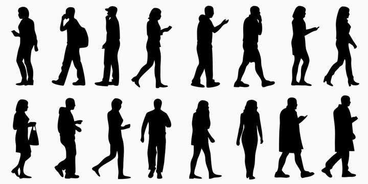 Collection of diverse human silhouettes in various walking and standing poses