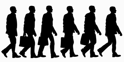 Silhouettes of businessmen walking in a row carrying briefcases