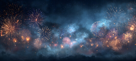 Silvester, New Year's Eve, Festival Party New Year 2026, new years eve Fireworks background banner panorama - firework and sparklers on rustic dark blue night sky texture