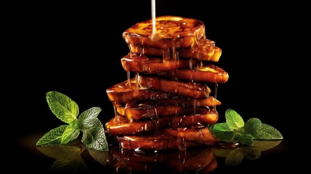 Stack of toasted bread slices with golden syrup dripping black backdrop