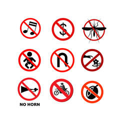 Prohibition icons set with red forbidden symbols, ideal for safety rules, warnings, restrictions, and guidelines.