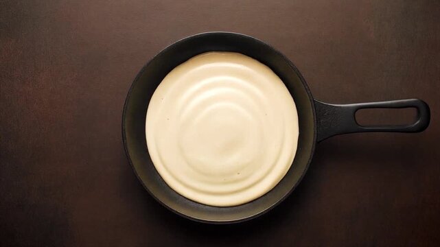 Crisp dosa batter spreading in a perfect circle with sizzling sound effects visualized by heat ripples, 4K loop.