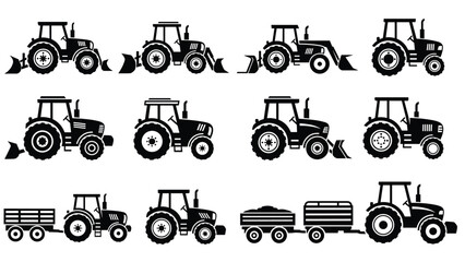 Black tractor silhouettes collection showing farm agricultural machinery isolated on white background vector illustration rural equipment design set icons graphics © MDKANAL