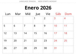 2026 january Spanish calendar. vector illustrations for month Enero in year. Spain