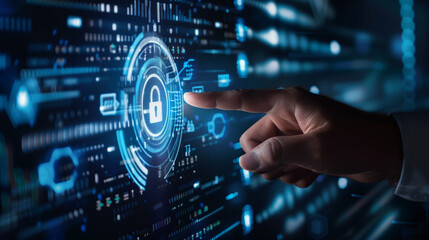 Digital security interface with a hand reaching towards a lock symbol, showcasing advanced technology and cybersecurity concepts in a futuristic setting. For data protection and privacy initiatives