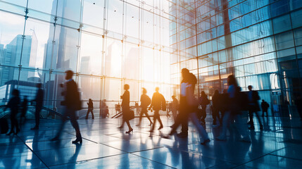 Business professionals walking through a modern glass building with reflections and sunlight, illustrating the concepts of transparency, surveillance, and corporate society