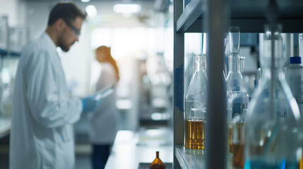 Male scientist in laboratory is analyzing data while female colleague conducts experiments with glassware and colorful liquids in the background. For research content, biotechnology campaigns