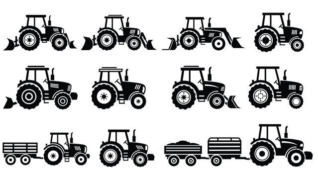 Black tractor silhouettes collection showing farm agricultural machinery isolated on white background vector illustration rural equipment design set icons graphics