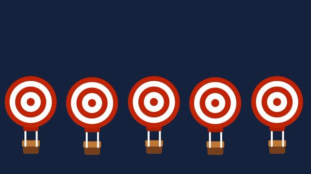 Five identical target balloons with red and white circles are lined up horizontally across a dark sky appearing as targets in a fun carnival game