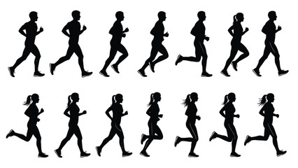 Fototapeta premium Running people silhouettes collection showing male and female joggers isolated on white background vector illustration fitness sport design elements set