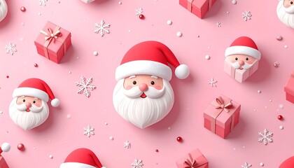Cute Santa Claus Faces and Gifts on Pink Background.