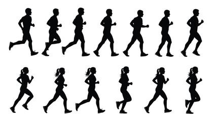 Fototapeta premium Set of black running people silhouettes vector collection isolated male and female jogger poses fitness sports design elements