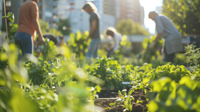 Community members engaged in urban gardening, cultivating fresh vegetables in a vibrant green space. Ideal for community development projects, urban agriculture campaigns, eco-friendly initiatives