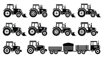 Set of black tractor silhouettes vector collection isolated farm agriculture machinery vehicles icons minimalist rural design elements illustration bundle pack © MDKANAL