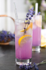Refreshing lavender lemonade with ice, lemon slices, and fresh lavender sprigs in a tall glass. Summer drink with copy space, suitable for beverage, wellness, cafe, and lifestyle concepts.