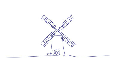 Obraz premium A simple line of a traditional windmill with four blades and a cylindrical base on a flat surface line simple