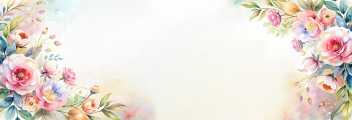 Watercolor banner with beautiful blooming flowers and soft foliage framing a clean copy space in the center. Perfect for invitations, wedding designs, branding, posters and web headers.