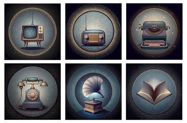 Vintage technology icons set with TV, radio, typewriter, telephone, gramophone and book in retro style circles. Perfect for editorial design, apps, infographics, branding and nostalgia concepts.