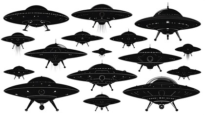 Collection of Silhouetted Flying Saucers and UFOs in Various Sizes.