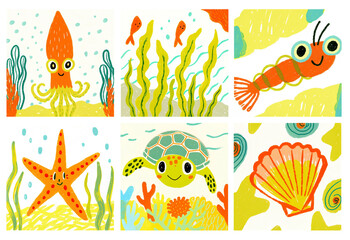 Cute colorful illustration set with funny sea animals and ocean elements in a childlike style. Perfect for kids design, nursery decor, educational materials, posters, books and playful branding.