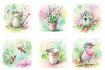 Watercolor spring illustration set with garden elements, flowers, birds and insects in soft pastel tones. Perfect for greeting cards, invitations, nursery decor, prints and seasonal branding.