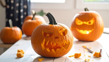 Carved Halloween Pumpkins Glowing with Spooky Faces on a Table.