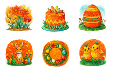Set of cute watercolor Easter illustrations with bunny, chicks, decorated eggs, cake and spring flowers. Perfect for Easter cards, invitations, kids designs, stickers and holiday branding.