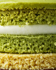 a close-up of layered dessert green cake with vanilla cream