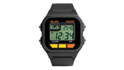 Black digital wristwatch with green L C D screen displaying time 1234 and 2540 image