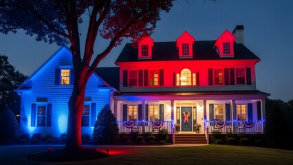 Two houses illuminated with red and blue lights at night with patriotic decorations