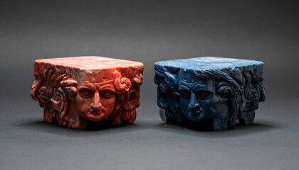 Two Cubes with Faces Carved, One Red, One Blue.